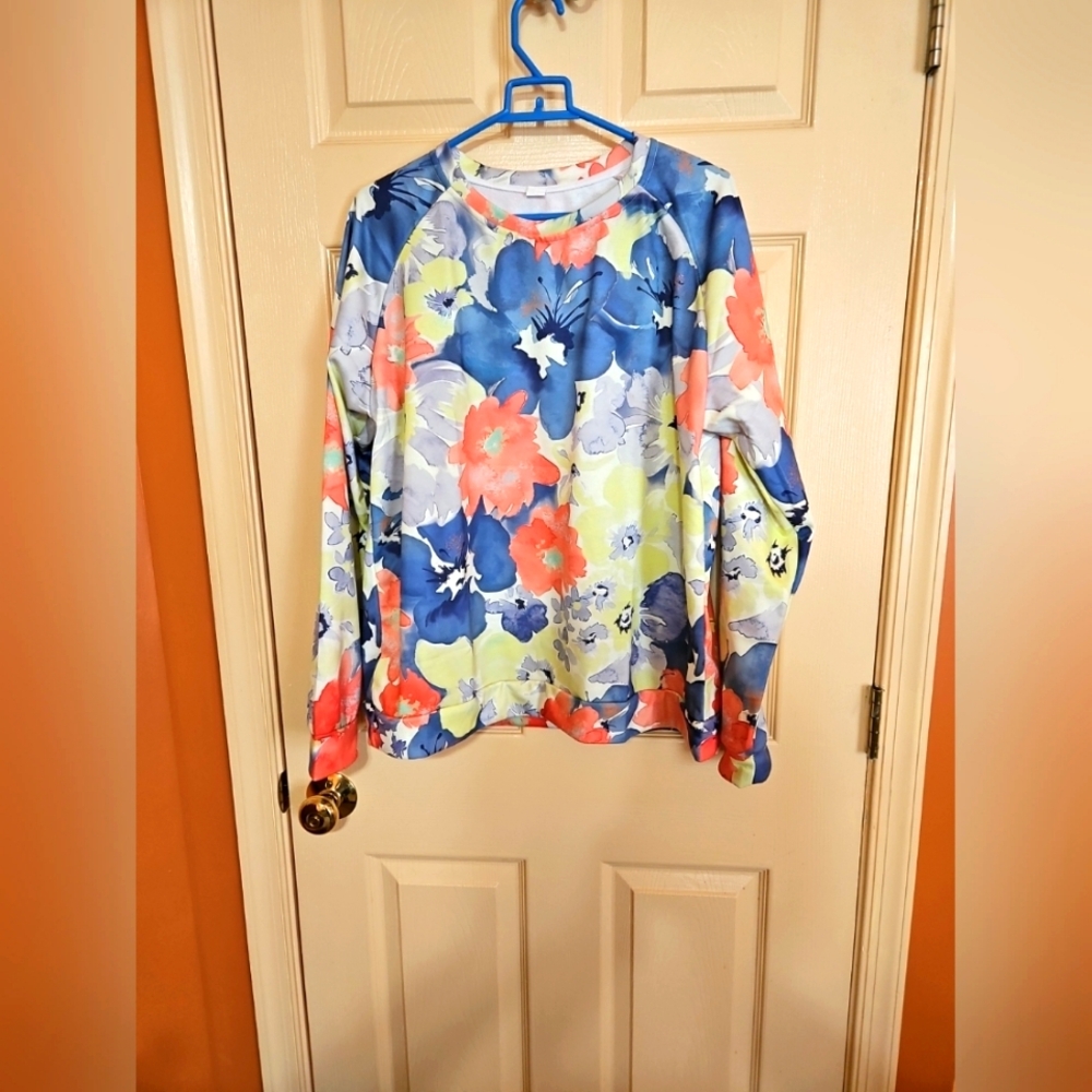Floral Print Pullover Sweatshirt - Blue & Coral